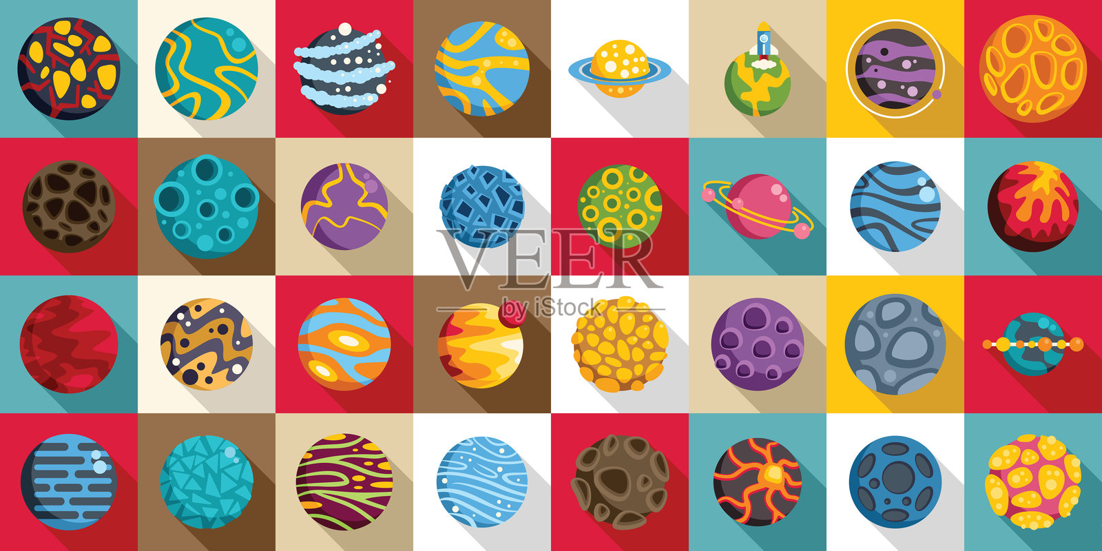 外星球游戏图标集平面矢量图。幻想行星。插画图片素材