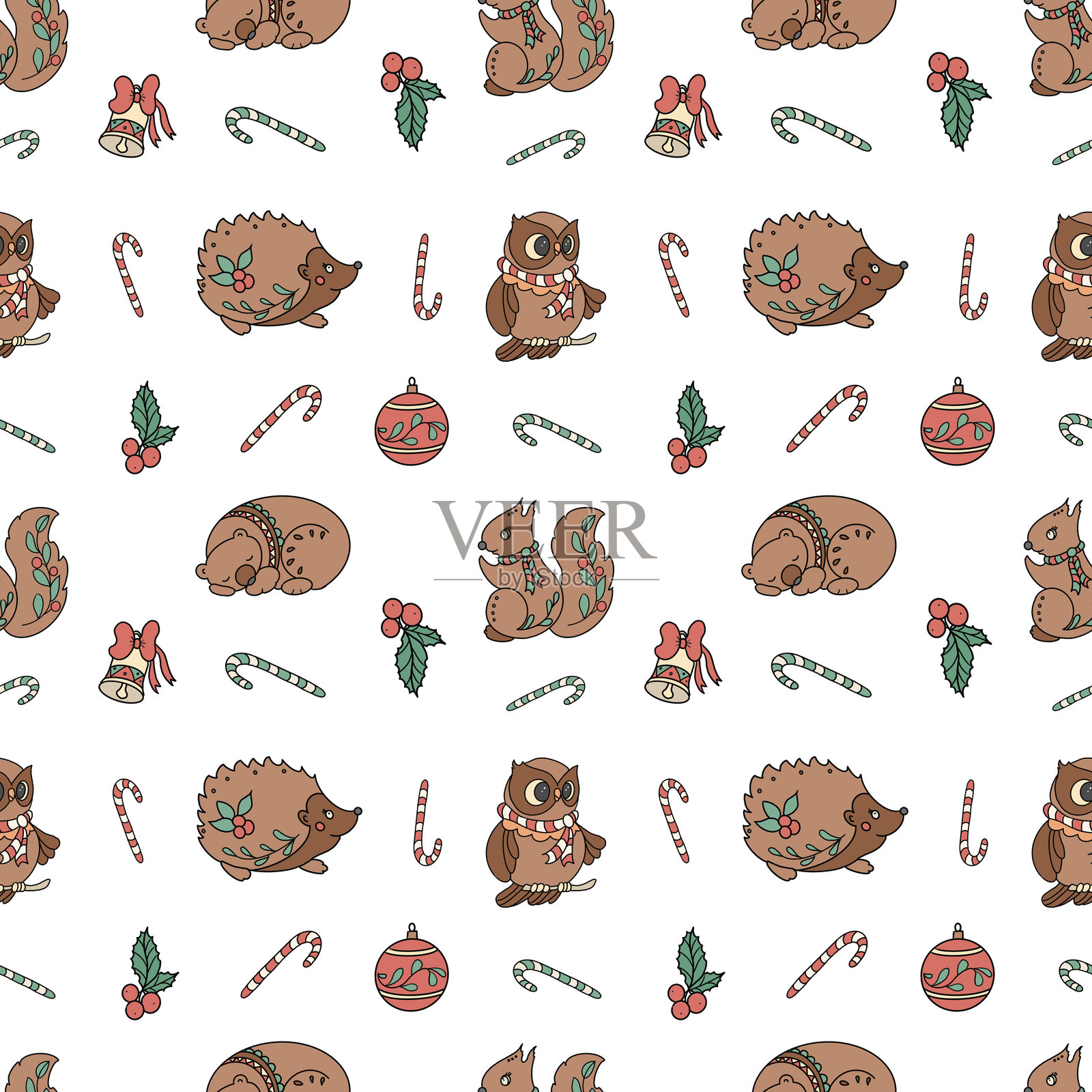 无缝图案,包含熊、松鼠、猫头鹰和圣诞糖果插画图片素材