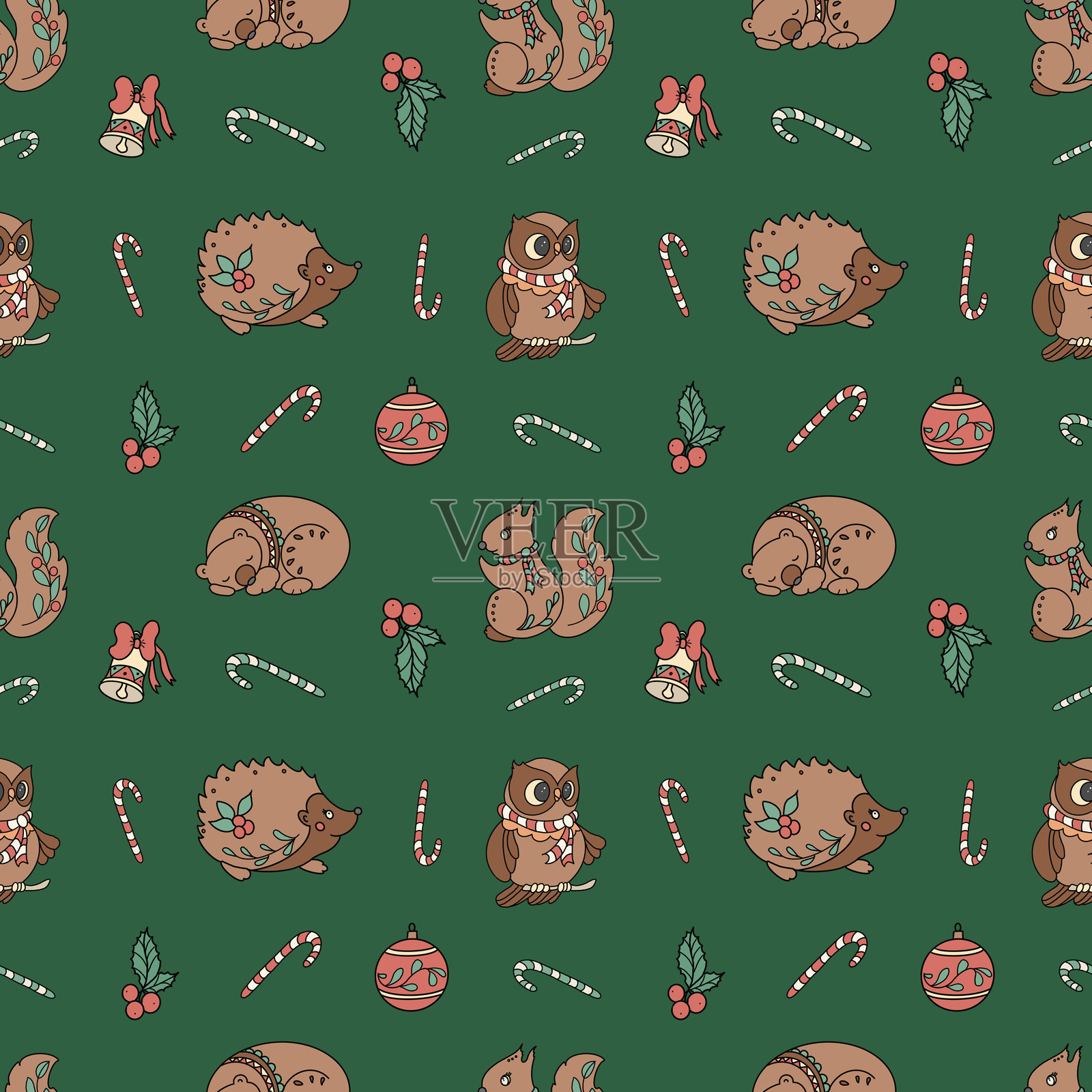 无缝图案,包含熊、猫头鹰、松鼠和糖果插画图片素材