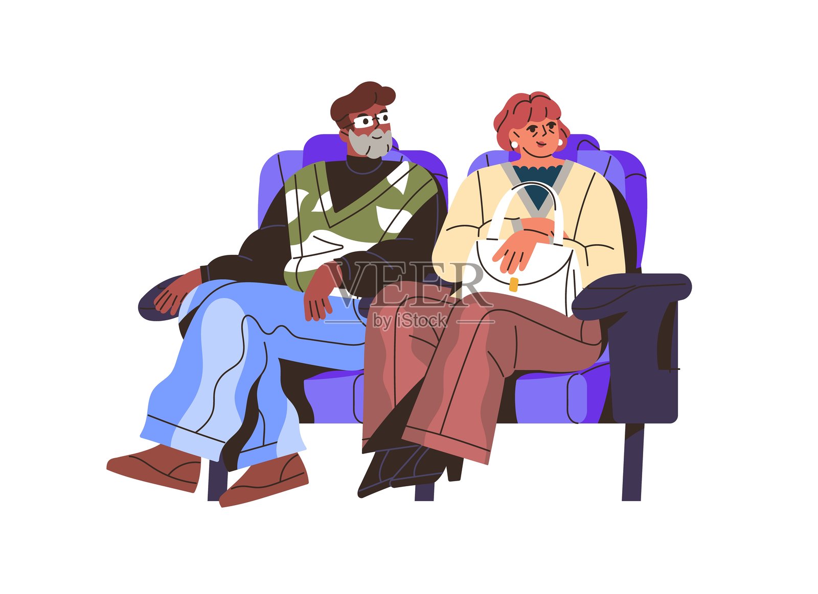 老年夫妇坐在椅子上,从正面观看电影。快乐的老人在电影院的座位上一起看电影。老年家庭在剧院里。平面孤立的矢量插图在白色背景上。插画图片素材