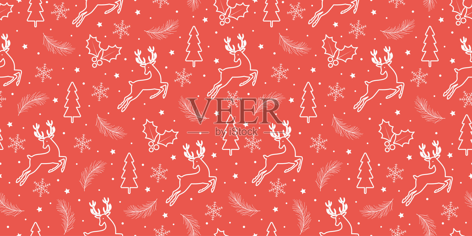 红色背景上的圣诞无缝图案,包含鹿、圣诞树、冬青浆果和雪花。适用于礼品包装纸、面料、服装、纺织品、表面纹理和剪贴簿的矢量插图。插画图片素材