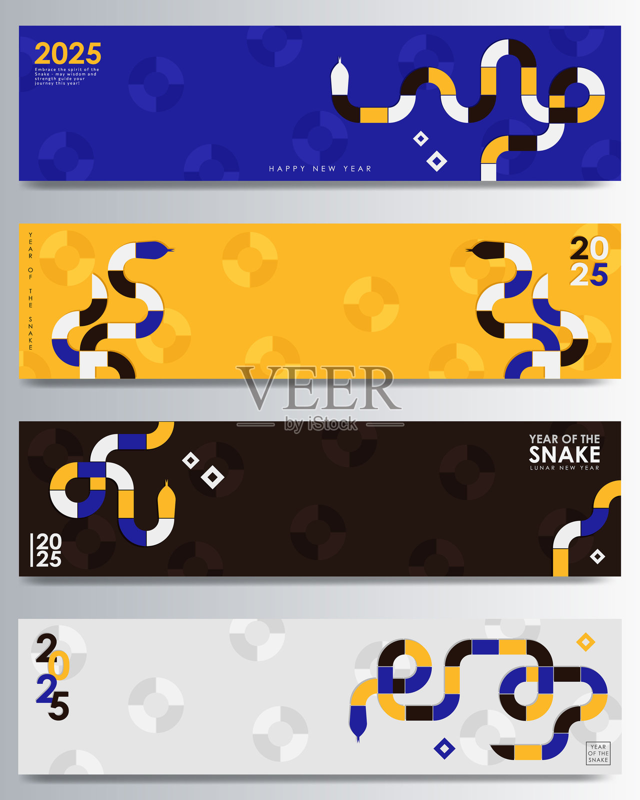 一组充满活力的全景横幅插图,展示2025年蛇年主题,包含几何形状的蛇。插画图片素材