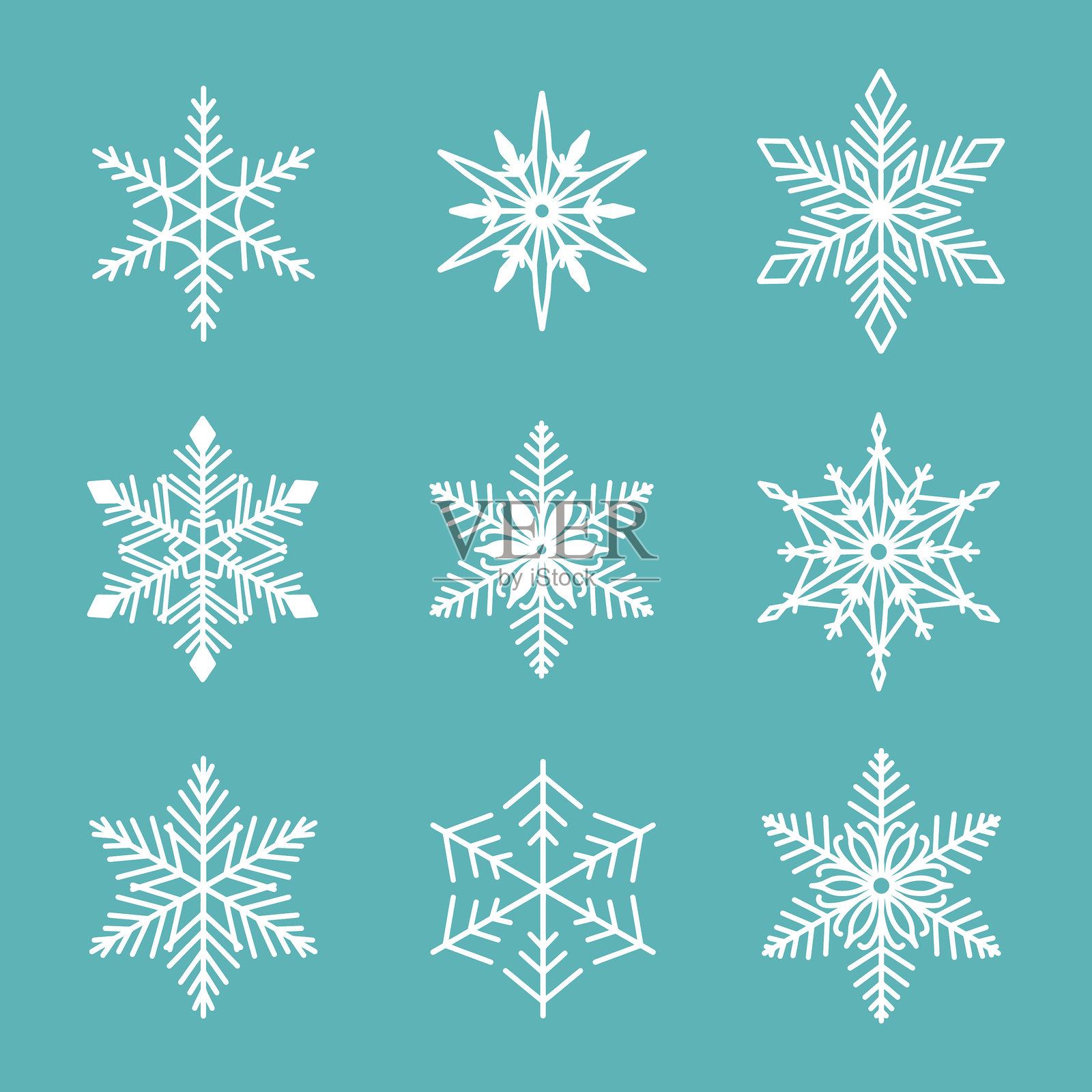 独特的雪花套装,详细的手绘平面矢量线条插图。图形轮廓绘图。圣诞节和新年象征。美丽的雪花轮廓图标,适用于寒冷冬季设计。插画图片素材