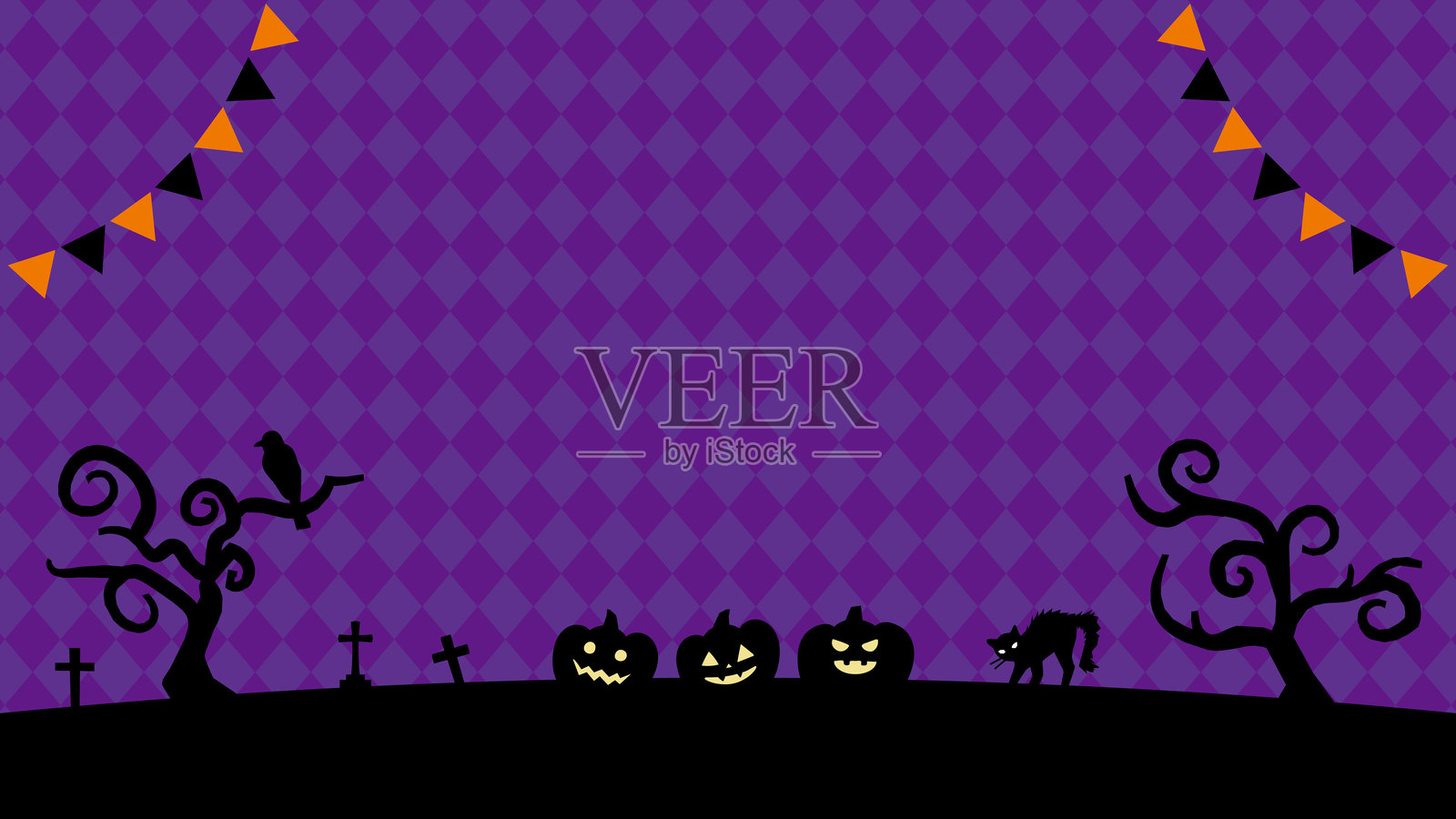 万圣节横幅背景,黑色剪影和格子图案_全高清尺寸_16:9插画图片素材