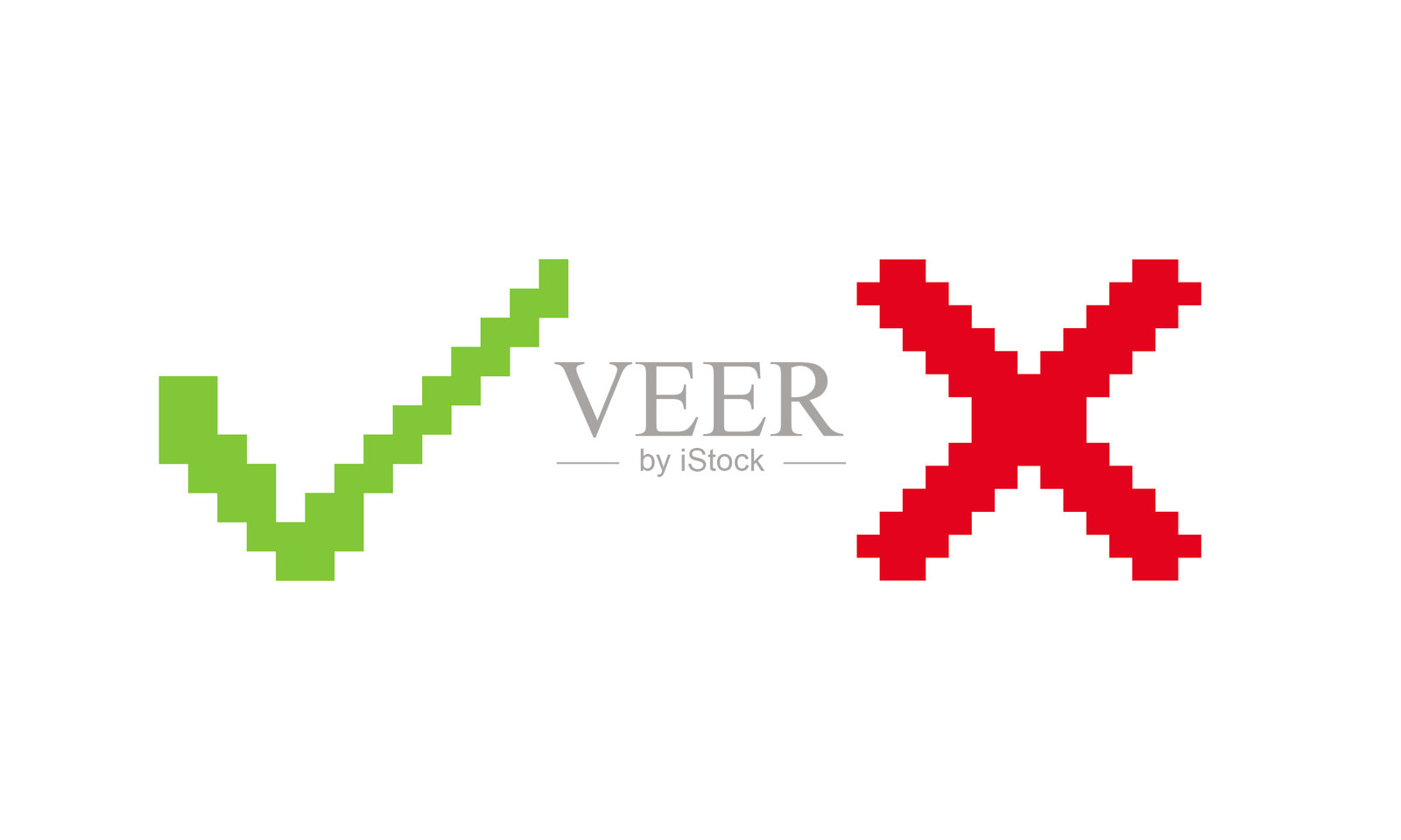 正确与错误指示器。像素艺术风格的批准与拒绝符号。用户界面设计中的绿色勾和红色叉图标。孤立的矢量插图。插画图片素材