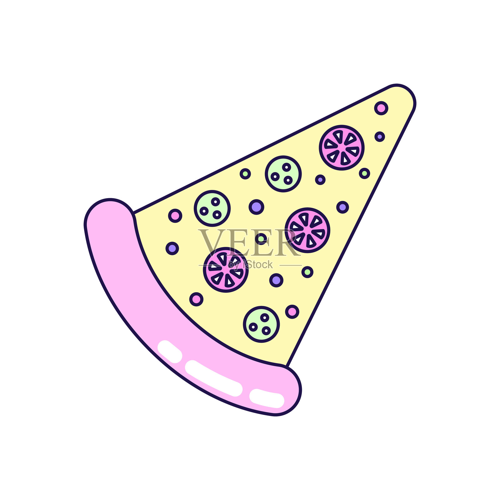 白色背景上的三角形披萨切片。90年代风格的复古插图,带轮廓。独立的矢量插图。插画图片素材