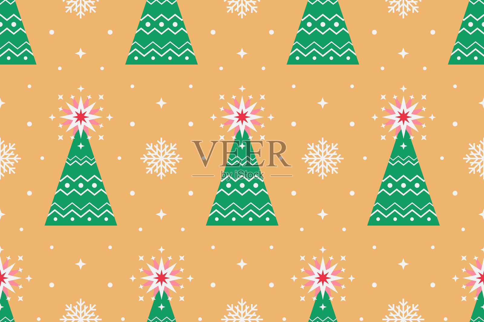 金色背景上无缝图案,包含绿色圣诞树和雪花,采用扁平风格。插画图片素材