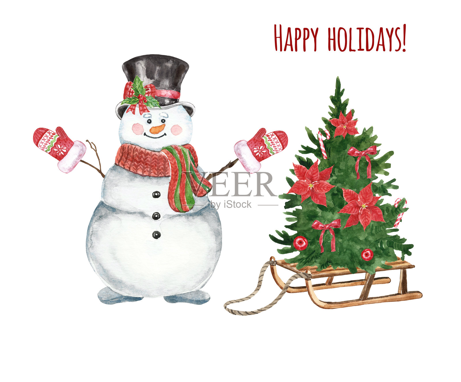 欢快的圣诞插图。水彩画微笑的雪人,戴着帽子和围巾,旁边有木制雪橇和节日的圣诞树,背景是“圣诞快乐,新年快乐”的贺卡。插画图片素材