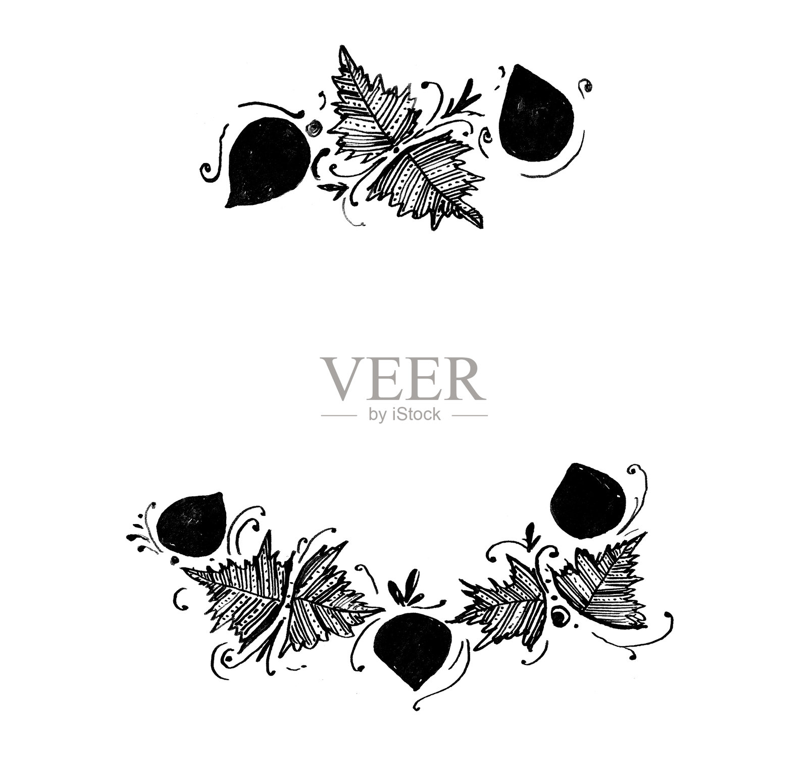 叶子框架,白色背景和留白。叶子上装饰着图案,黑色,涂鸦风格。插画图片素材