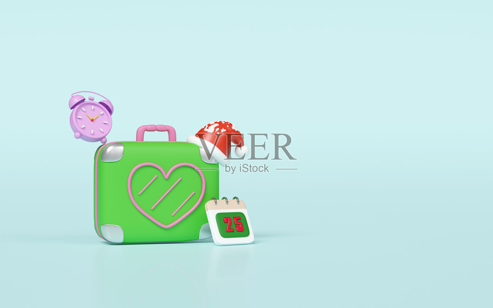 3D行李箱上有12月25日的日历、闹钟和圣诞帽,背景为蓝色。圣诞快乐和节日新年旅行概念,3D插图渲染。照片摄影图片