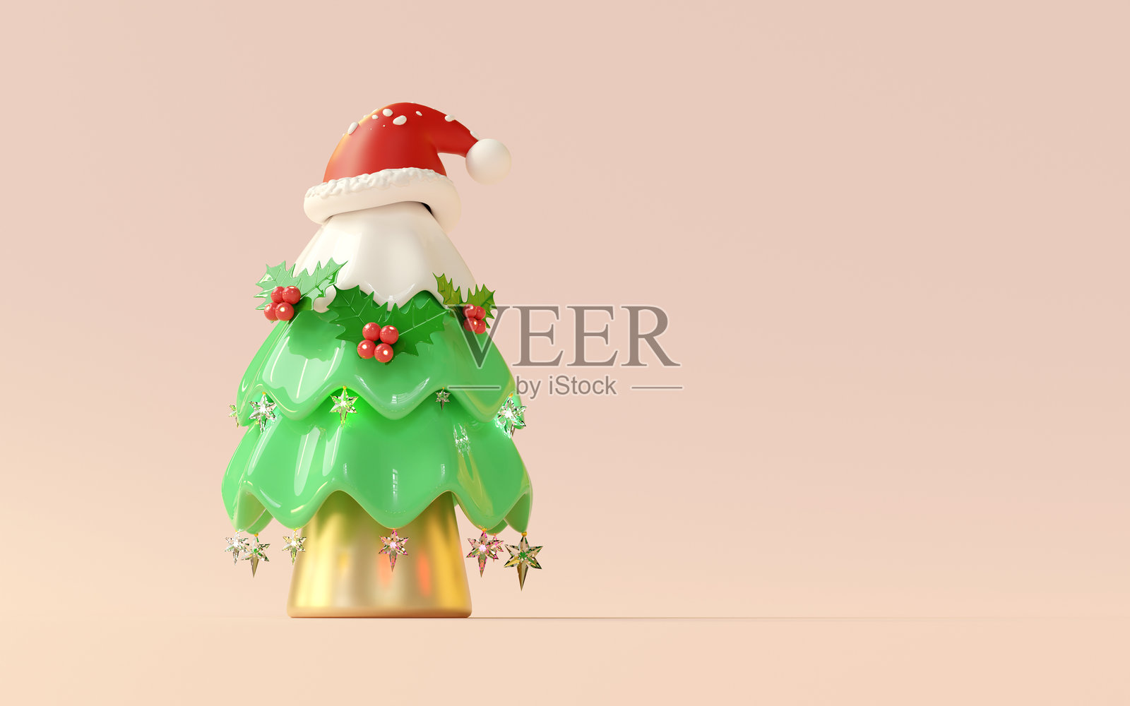 3D圣诞老人帽子放在雪花、装饰品环绕的圣诞树上,背景为蓝色。圣诞快乐和节日新年概念,3D插图渲染。照片摄影图片