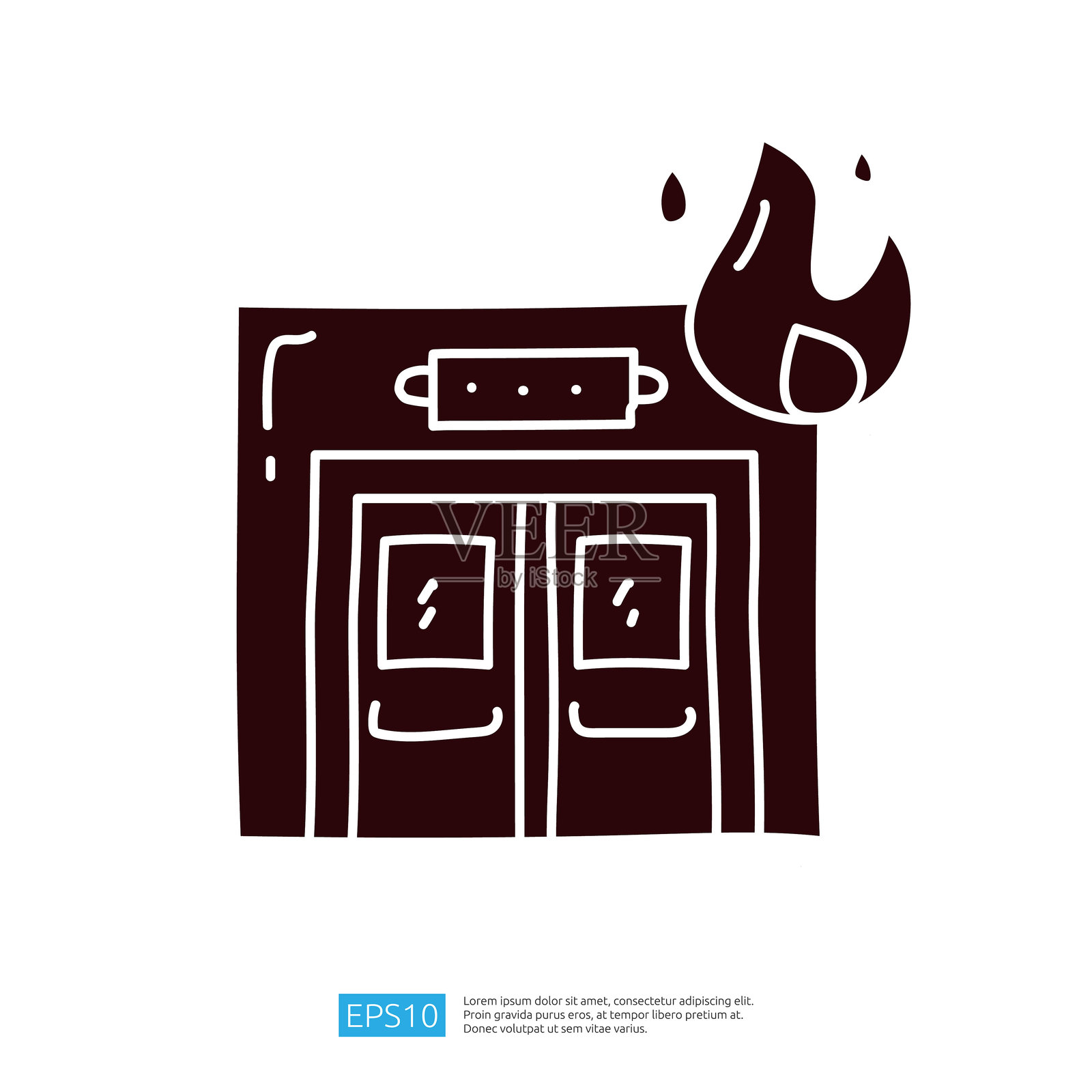 一幅简单的建筑插图,带有双开门和上方的火焰,暗示火灾紧急情况。插画图片素材