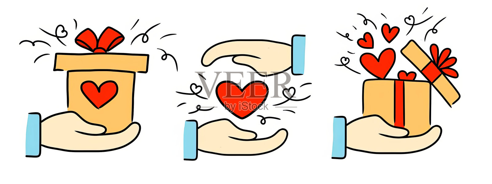 情人节假期。世界爱的日子。美丽的爱情。情人节涂鸦图标。情人节。美丽的心形。伟大的爱。插画图片素材