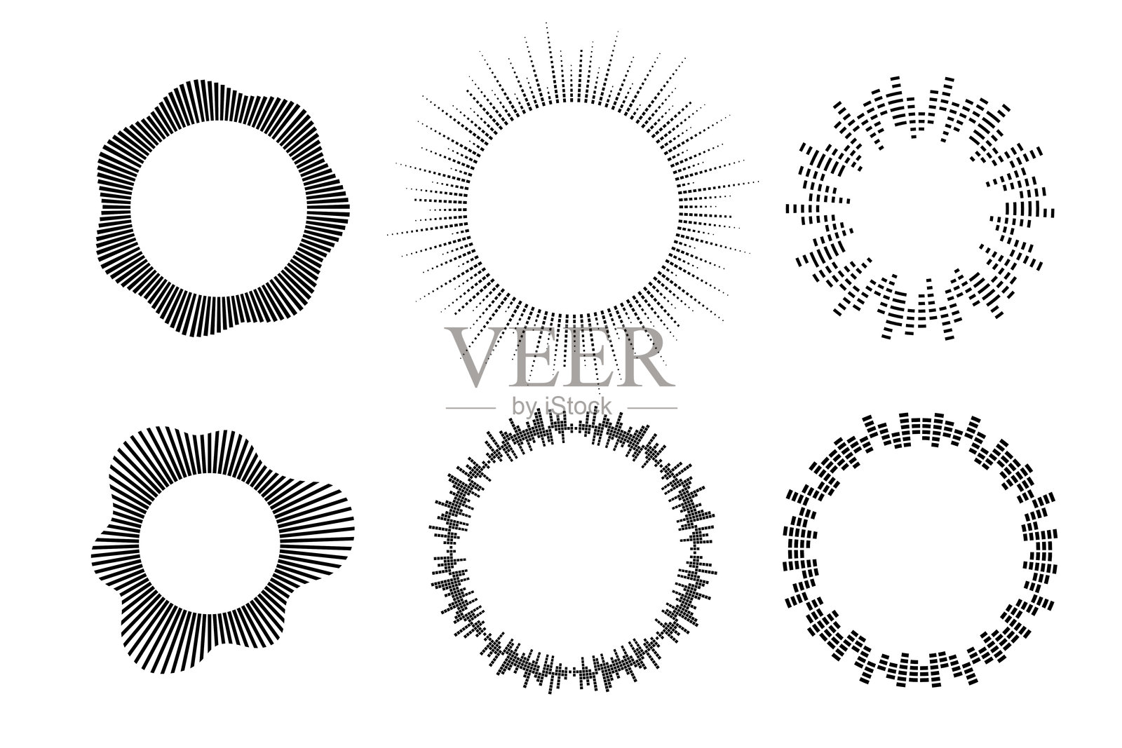圆形声波,圆形图案。音乐均衡器条形图集。矢量插图,背景为白色。插画图片素材