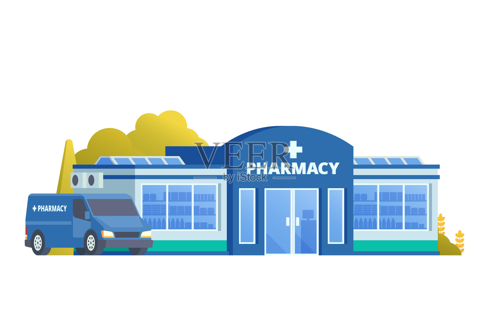 药店建筑插图,正面和侧面视图,矢量,扁平设计插画图片素材