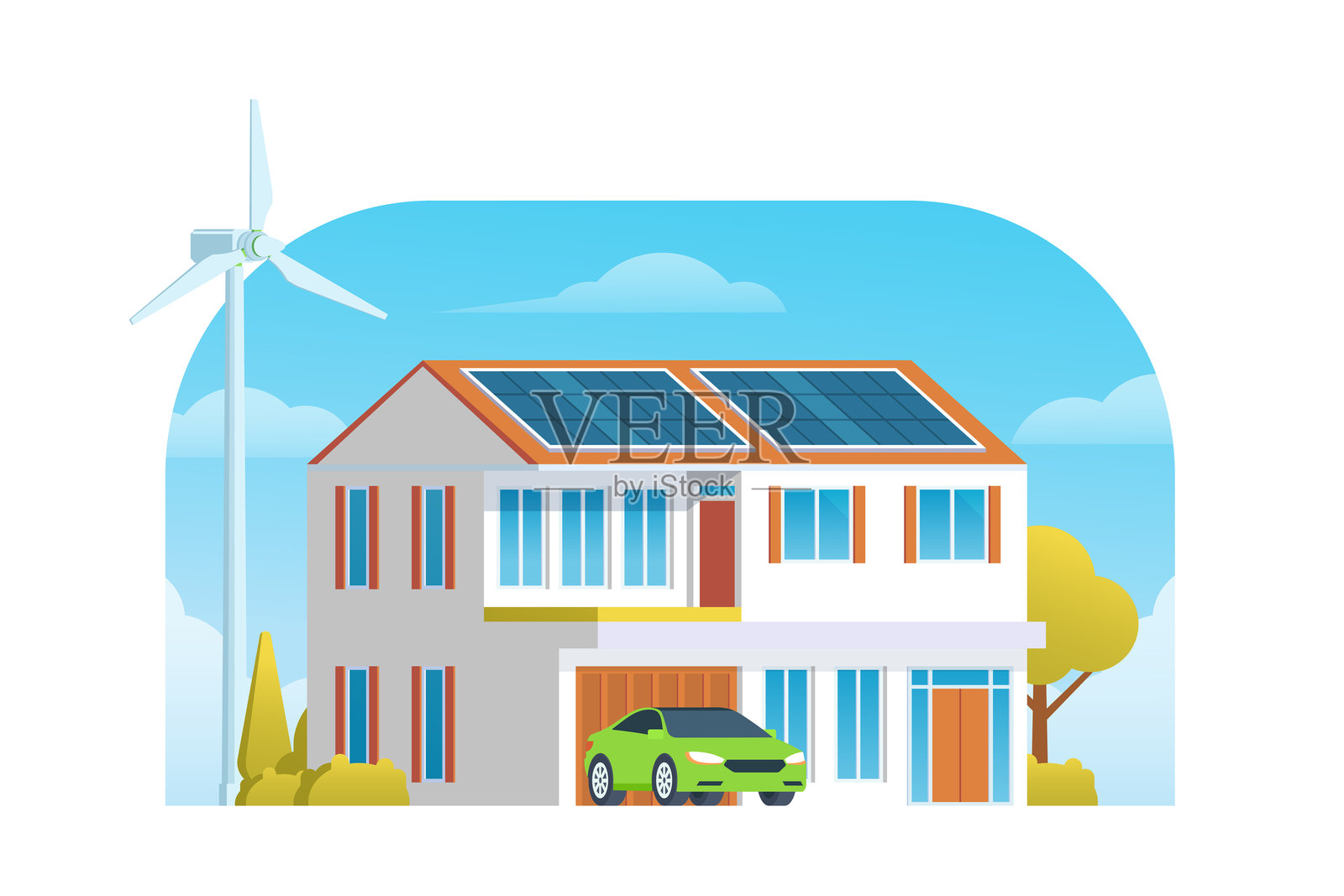 绿色可持续智能住宅建筑插图。矢量图。插画图片素材