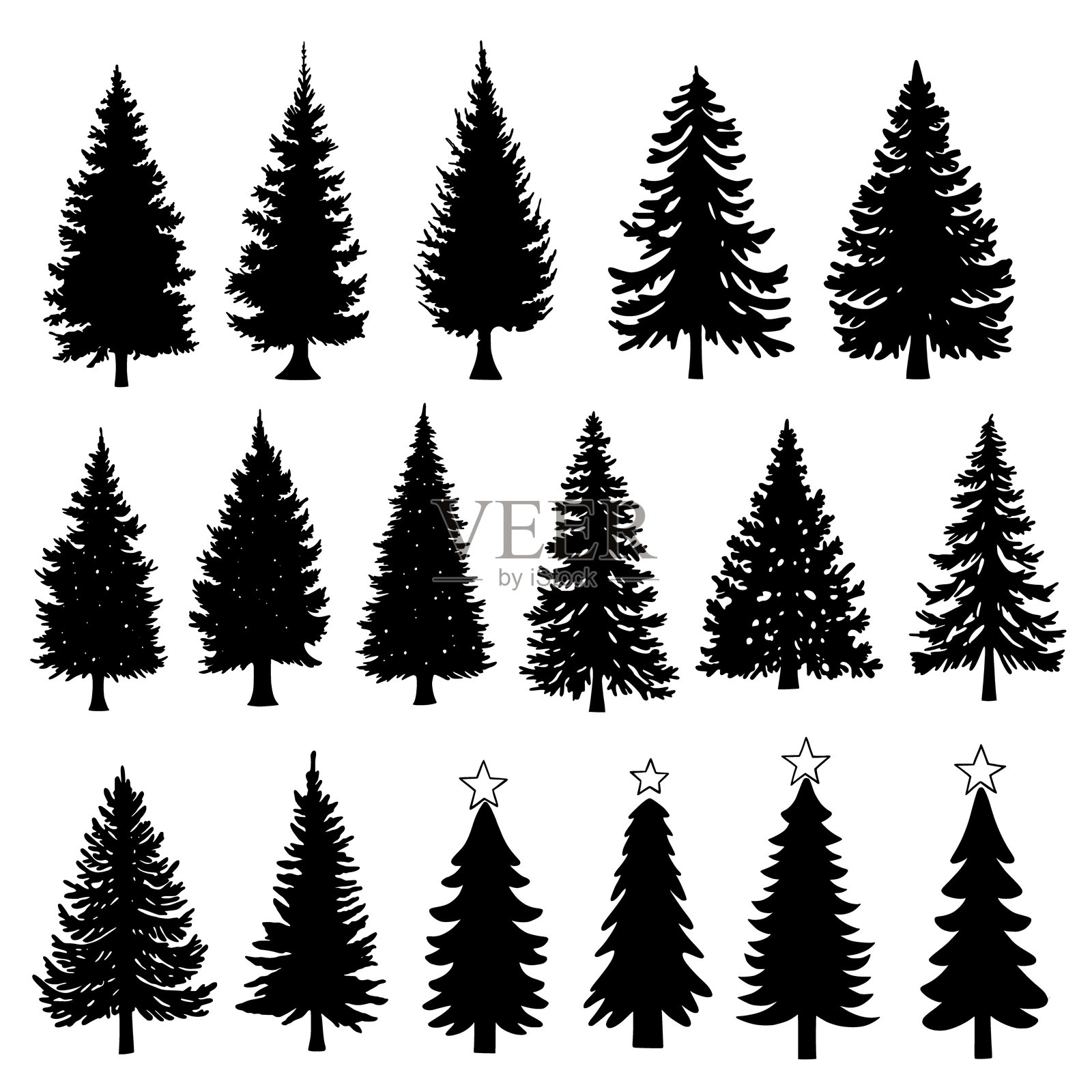 一组圣诞松树剪影,孤立在白色背景上。森林树木矢量插图。黑色圣诞树图标集,背景为白色。孤立的圣诞节图标和插图。插画图片素材