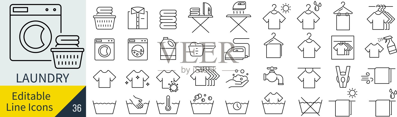 洗衣的矢量单色线条艺术图标集插画图片素材