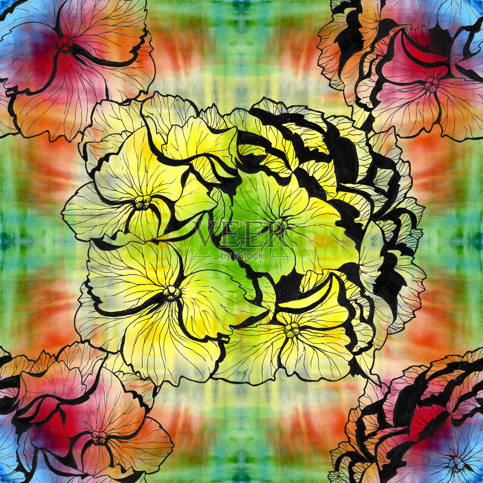 花卉图案。水彩背景上的花朵。带有花卉主题的抽象壁纸。无缝图案。花卉组合。可用于印刷材料、标志、海报、明信片、包装。插画图片素材