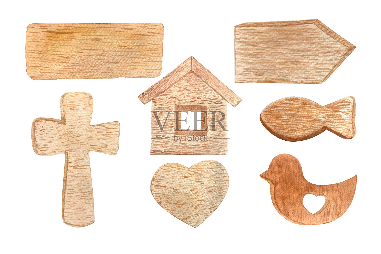 木制指示牌,符号,玩具:房子,鸟,鱼,心,十字架水彩纹理套装,独立于白色背景。插画图片素材