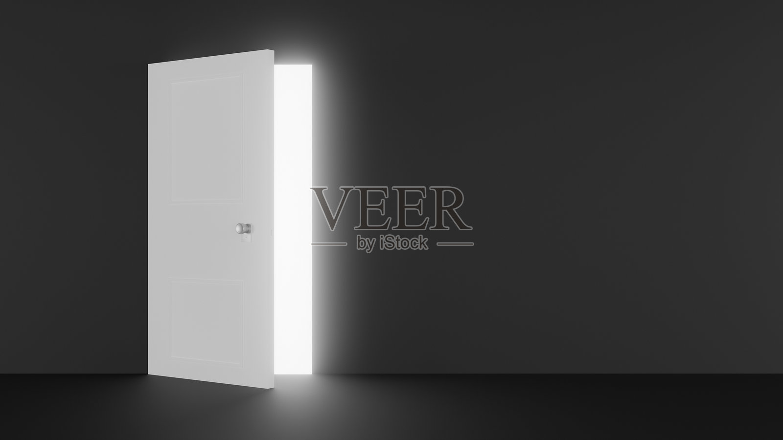 一扇白色的门打开,通向一个黑暗的房间,露出明亮的光线。照片摄影图片
