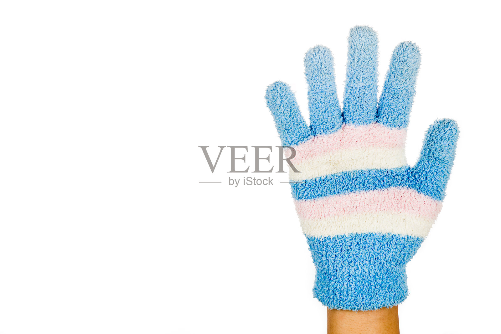 戴着手套的手在白色背景前做出停止手势的特写镜头照片摄影图片