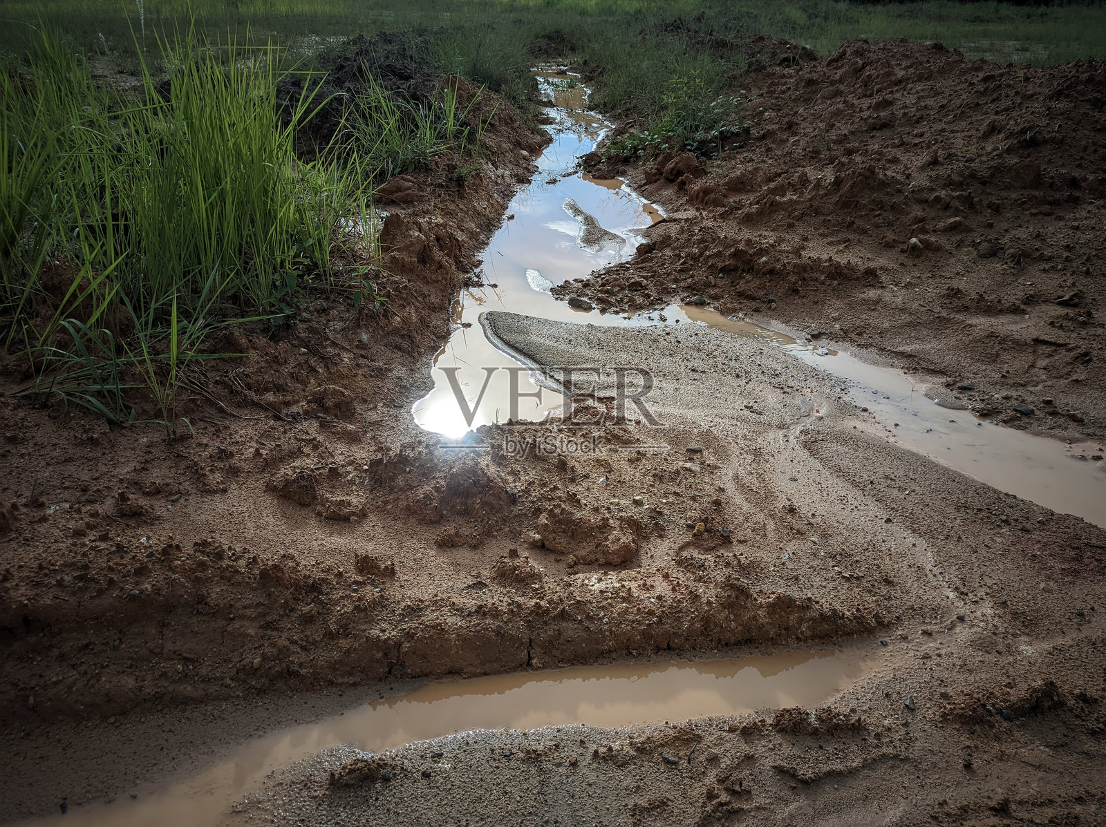 A muddy path with puddles reflecting the sky.照片摄影图片