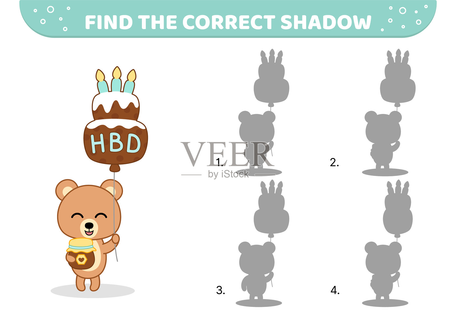找到正确的影子。熊、蜂蜜、气球。影子匹配游戏。卡通,矢量图。插画图片素材