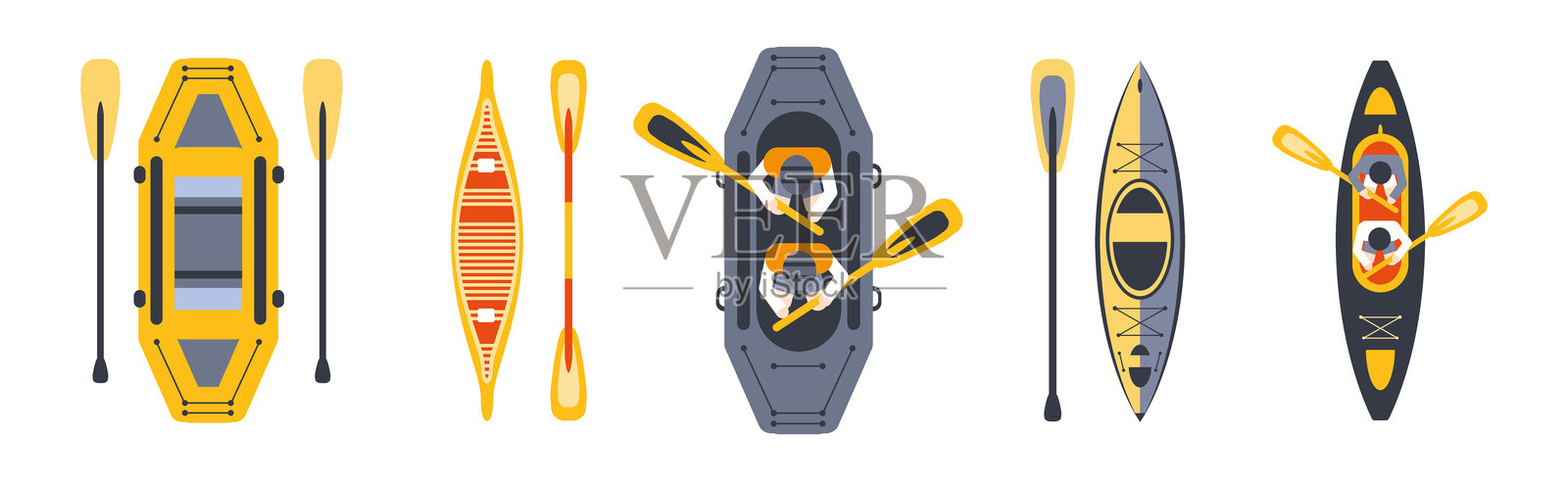 筏子和皮划艇活动与船只和桨的矢量图集插画图片素材