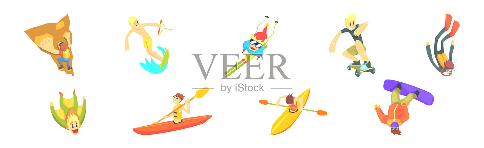 极限运动与男性角色享受活动的矢量图集插画图片素材