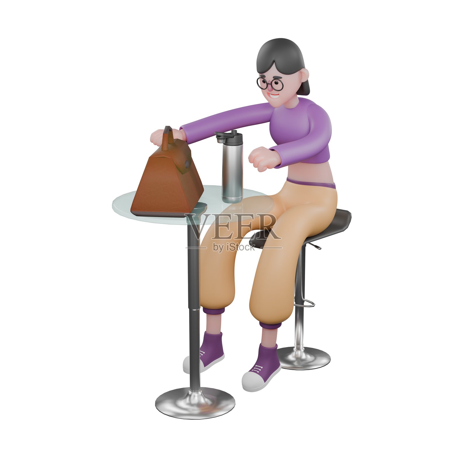 3D卡通舞蹈明星。一位女舞者坐在咖啡桌旁,左手拿着一个袋子,面带快乐的表情。动画表演者照片摄影图片