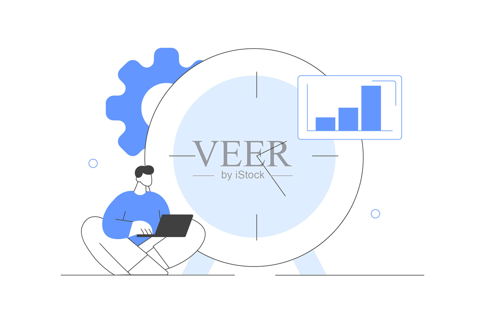 在家工作的角色,兼职和全职职位或自由职业。大钟。灵活和混合的工作时间。扁平卡通矢量插图,图标。时尚抽象。插画图片素材
