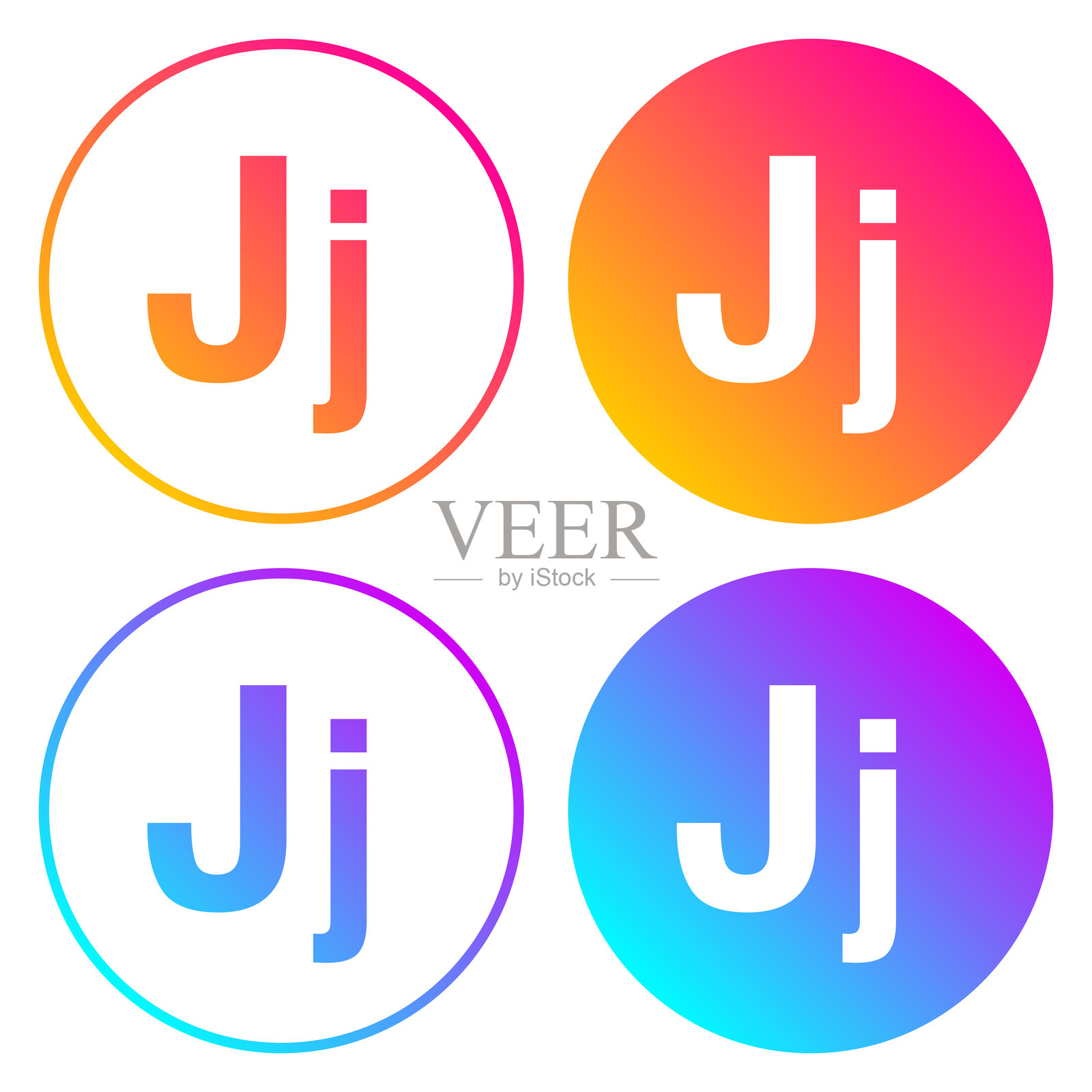 字母J - 大写和小写。带有颜色渐变的圆形图标插画图片素材