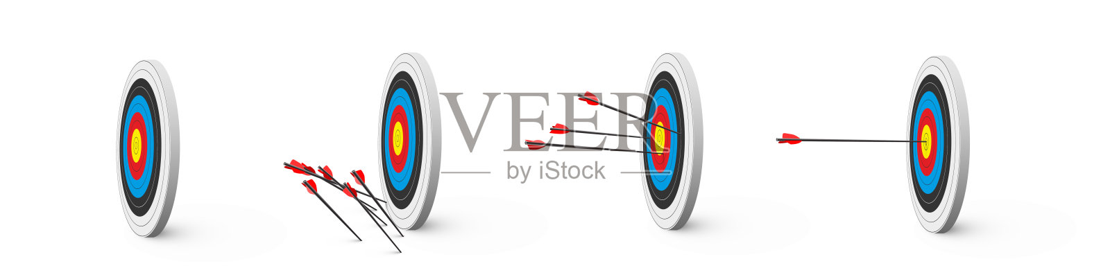 箭靶与箭矢的侧视图矢量插图。逼真的独立飞镖靶集合,箭矢命中靶心,弓箭手的飞镖击中或未击中圆形靶子。插画图片素材