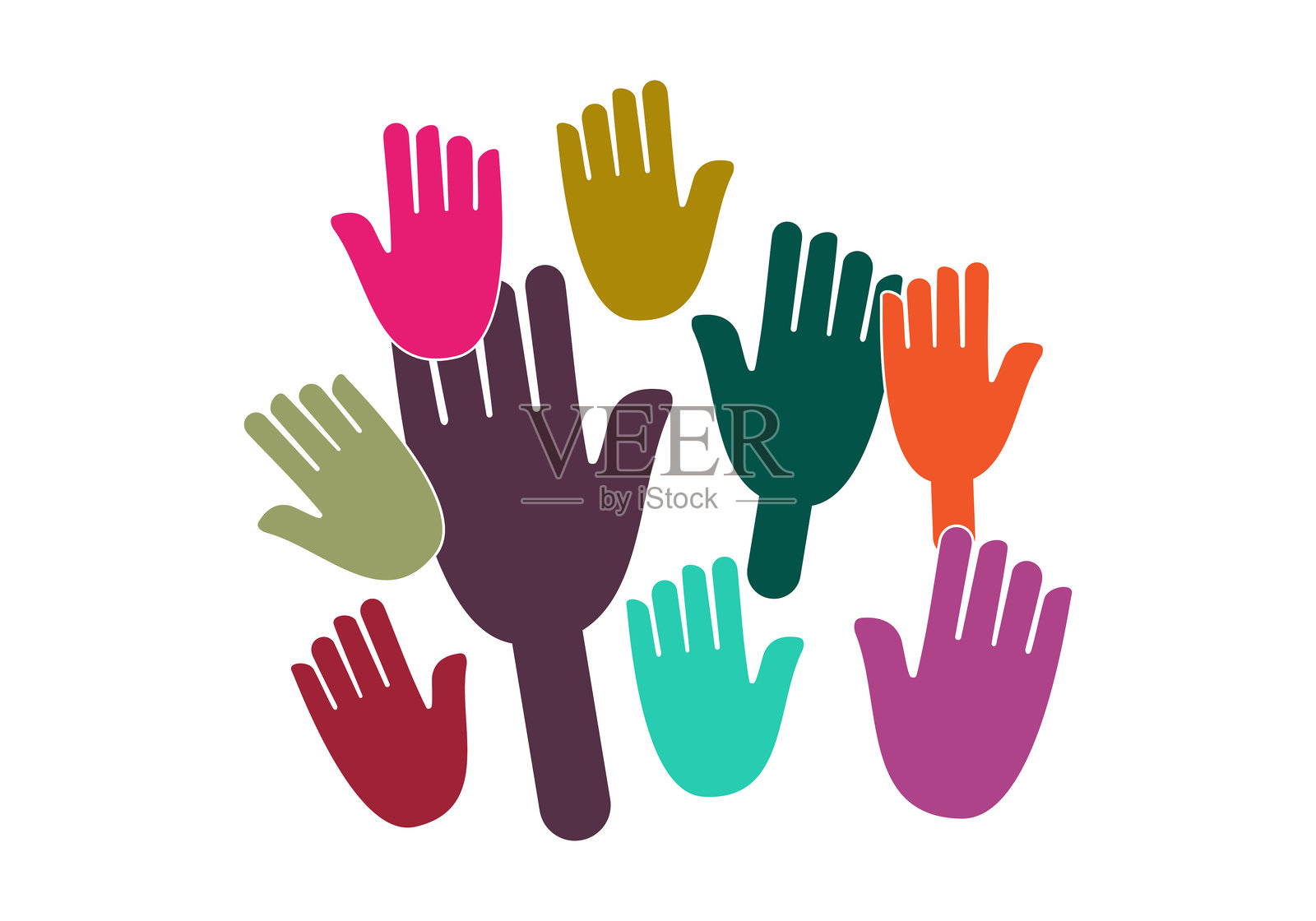 许多手举起,五颜六色的手在白色背景上。人们的手高高举起。插画图片素材