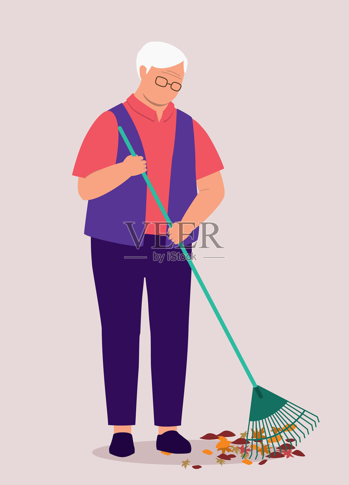 老年人用耙子扫落叶。家务工作。家庭清洁。插画图片素材
