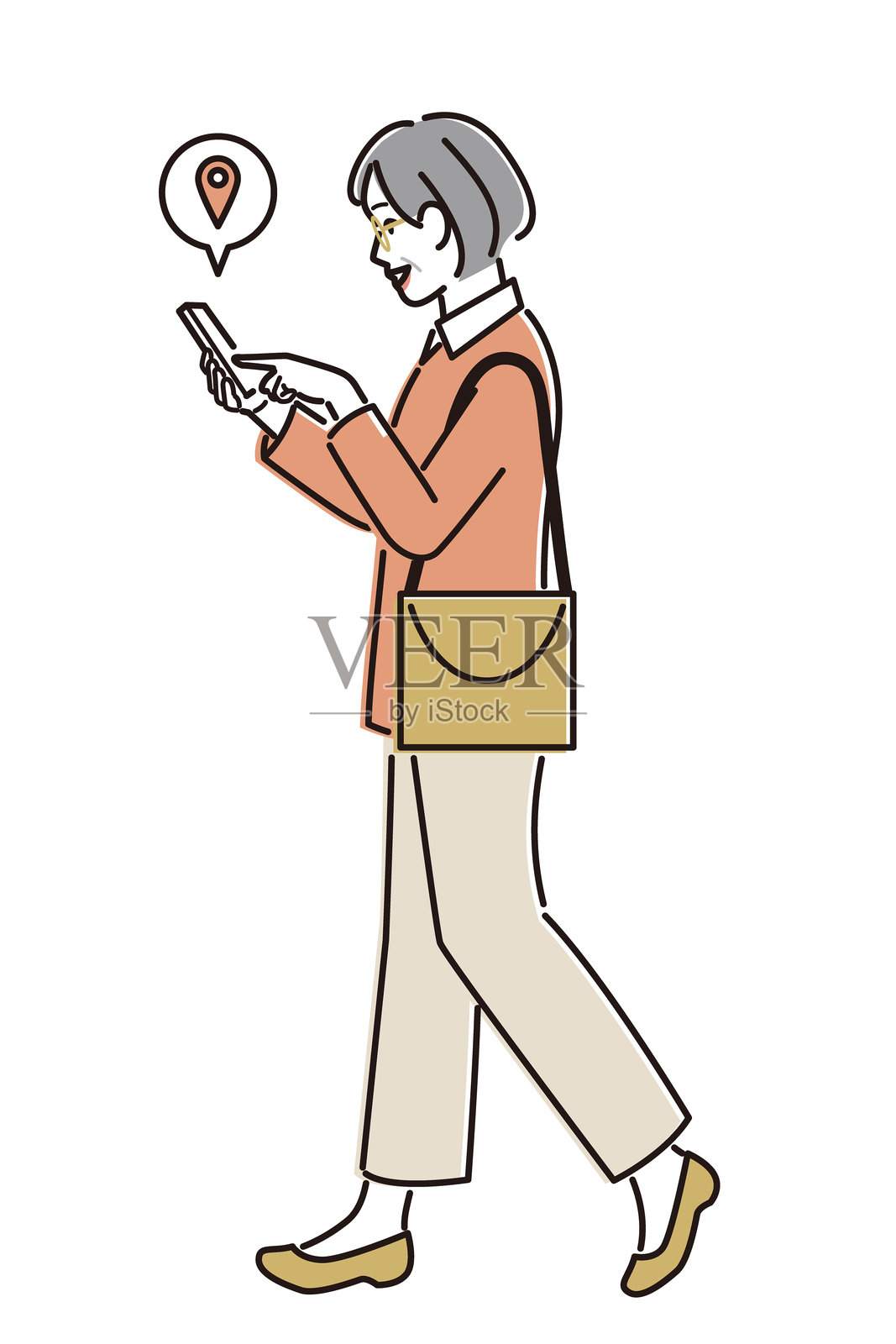 一位老年女性一边走路一边查看她智能手机上的地图插画图片素材