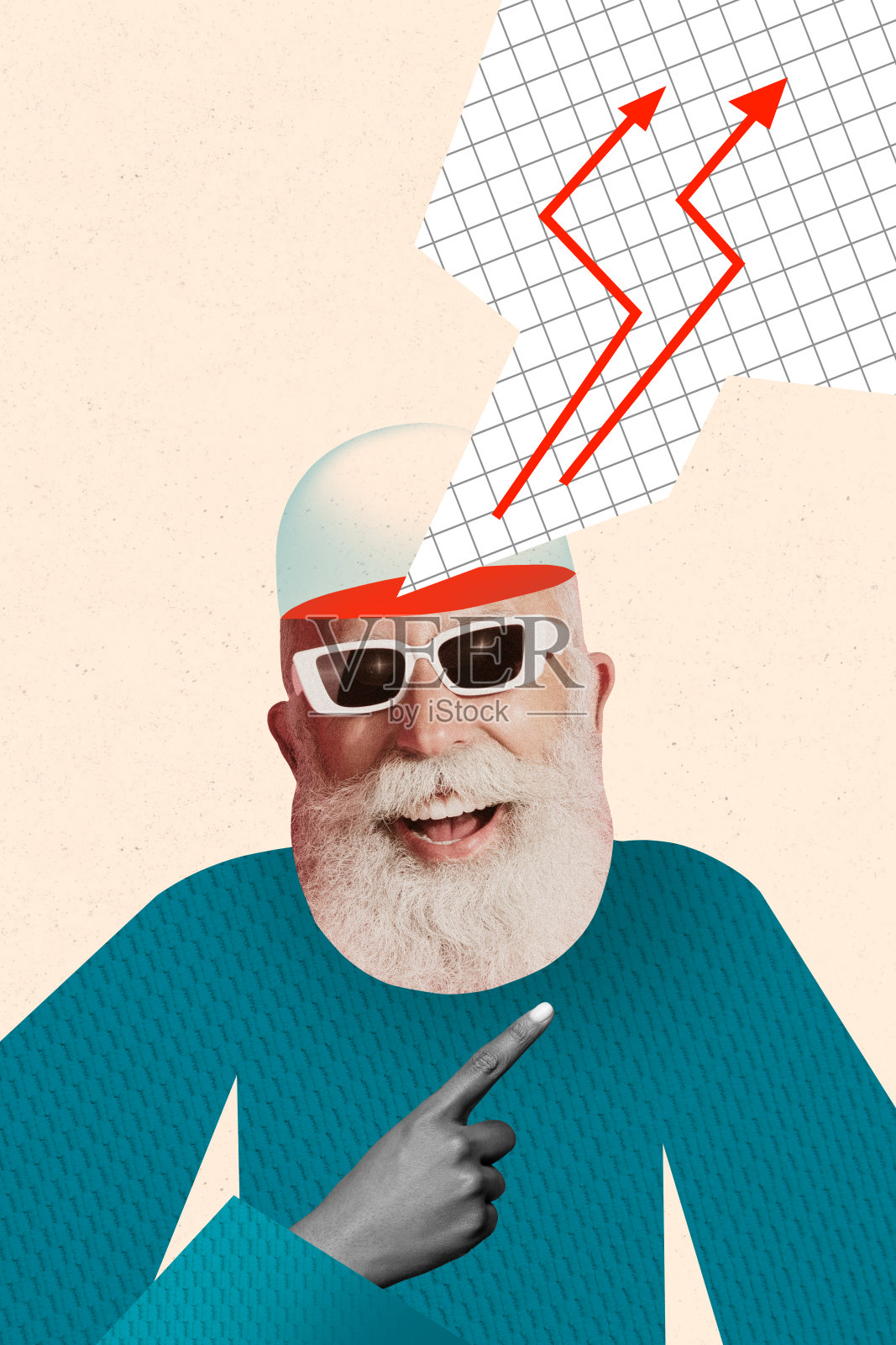 快乐老人的竖版照片拼贴,头部被剪切,箭头指向成功的统计进展,背景为涂鸦风格。照片摄影图片