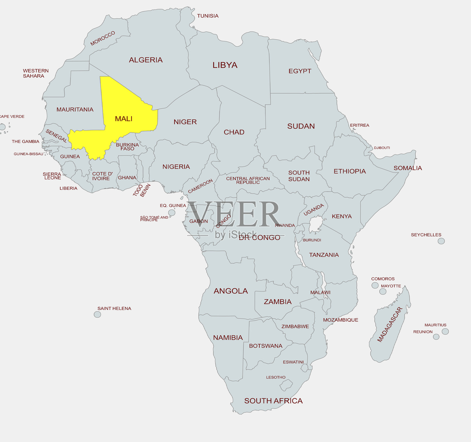 非洲政治地图,马里高亮显示,展示国家边界和名称。插画图片素材