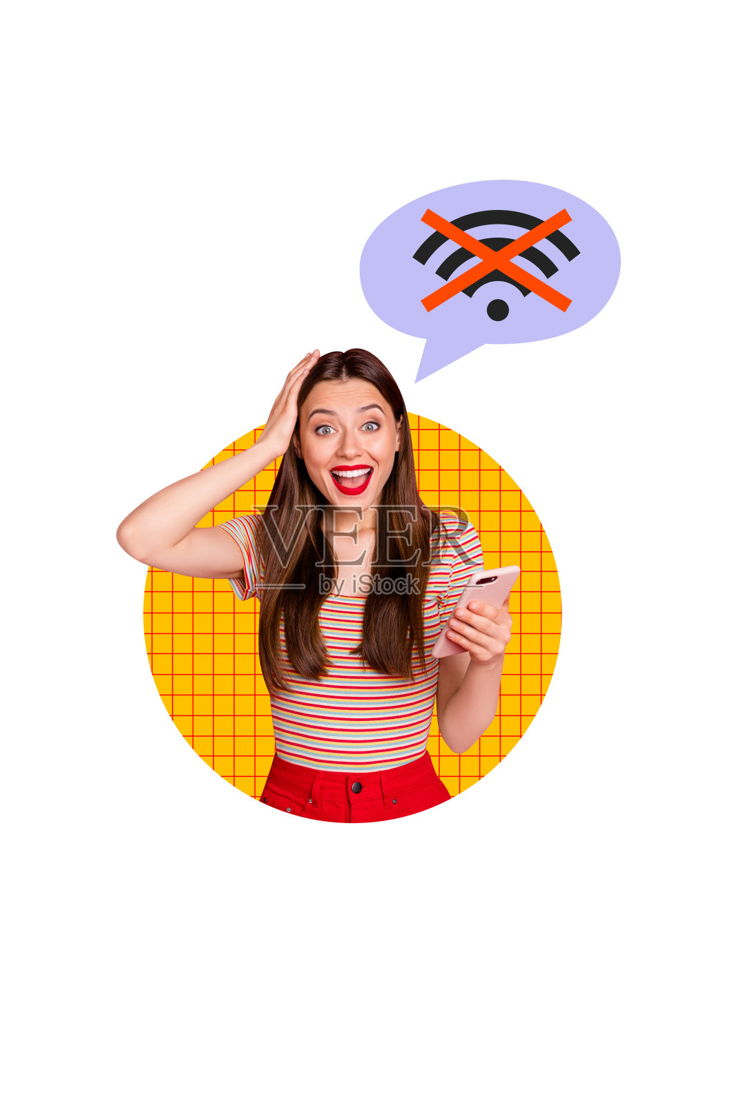 年轻女性的趋势合成图像拼贴,表情兴奋,手持智能手机,社交媒体对话框,禁止的WiFi标志照片摄影图片