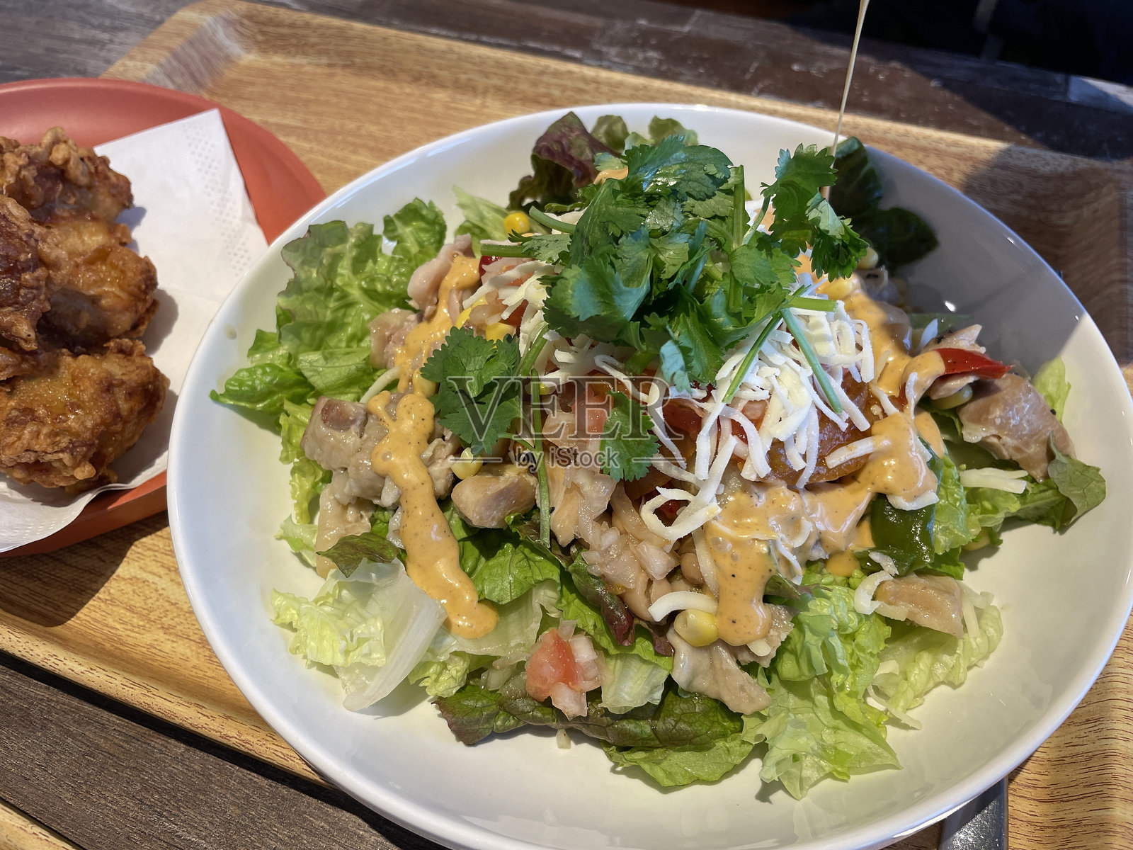 墨西哥鸡肉沙拉,配有莎莎酱和奶酪照片摄影图片