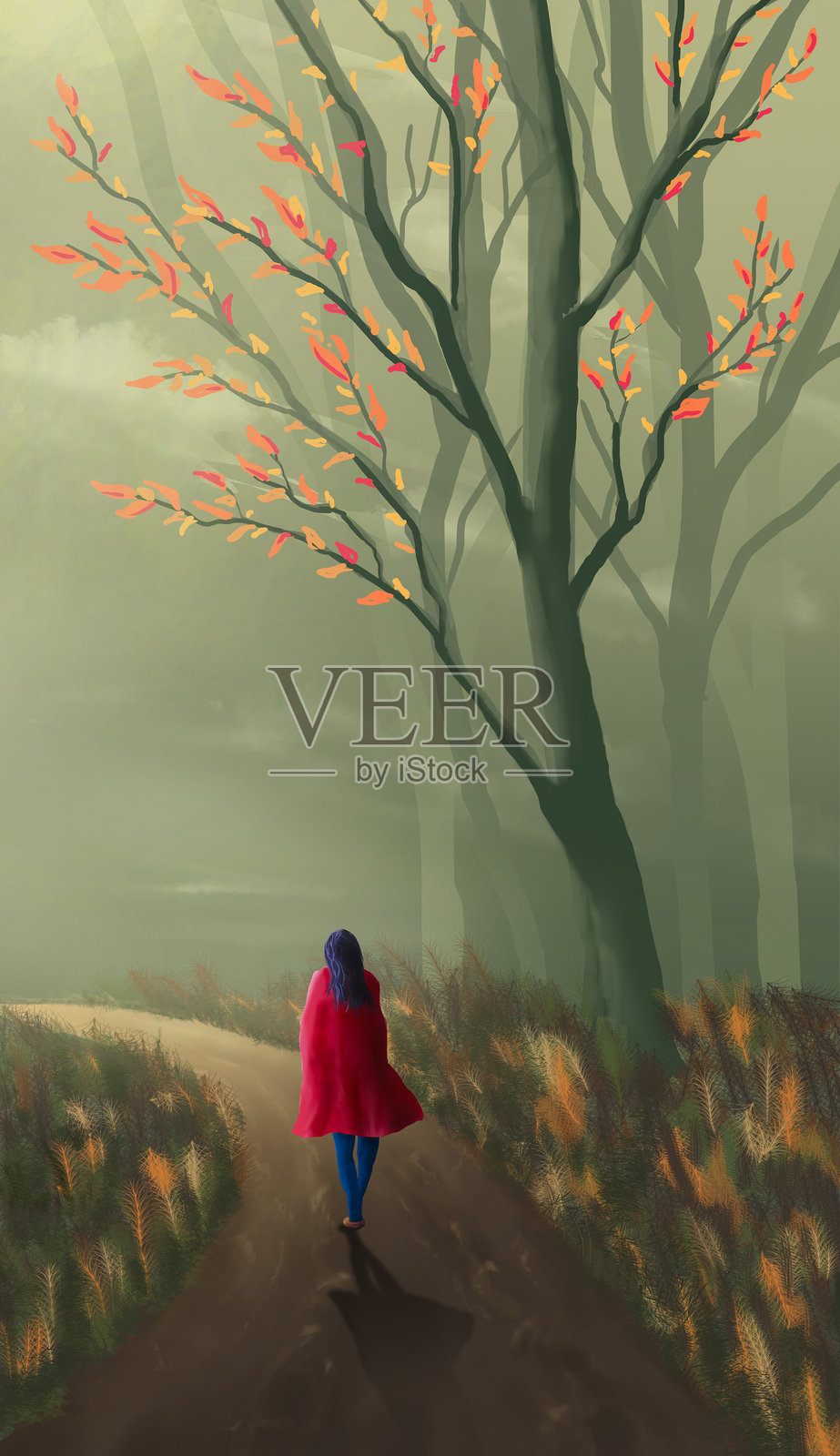 穿着红色外套的女人在小路上行走,背景是秋季风景。简单的数字绘画背景。插画图片素材