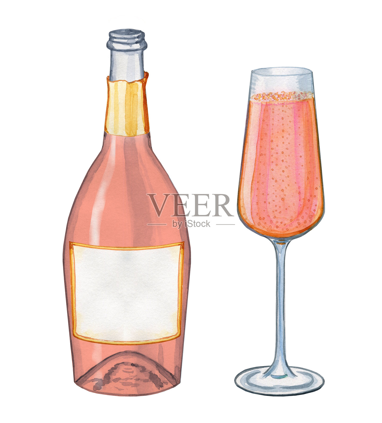开瓶的粉色香槟酒和酒杯的水彩插图。手绘的透明粉色起泡酒,背景为纯色。适用于菜单和酒吧。插画图片素材
