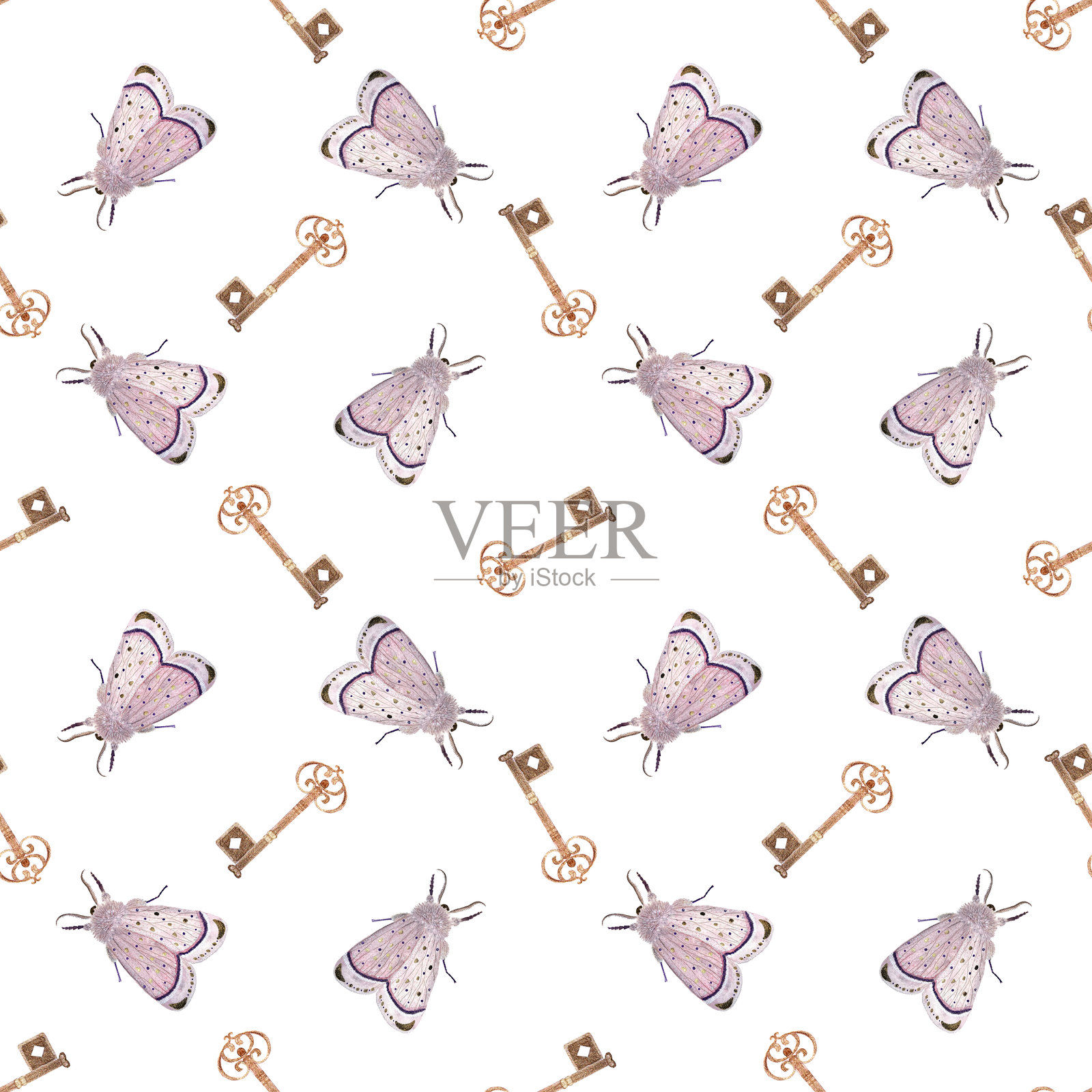 古董锁与美丽的钥匙和粉色蛾子水彩无缝图案,背景为白色。插画图片素材