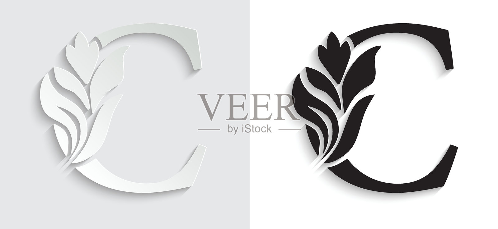 字母C。花卉字母。复古装饰首字母字母表。标志矢量图。插画图片素材