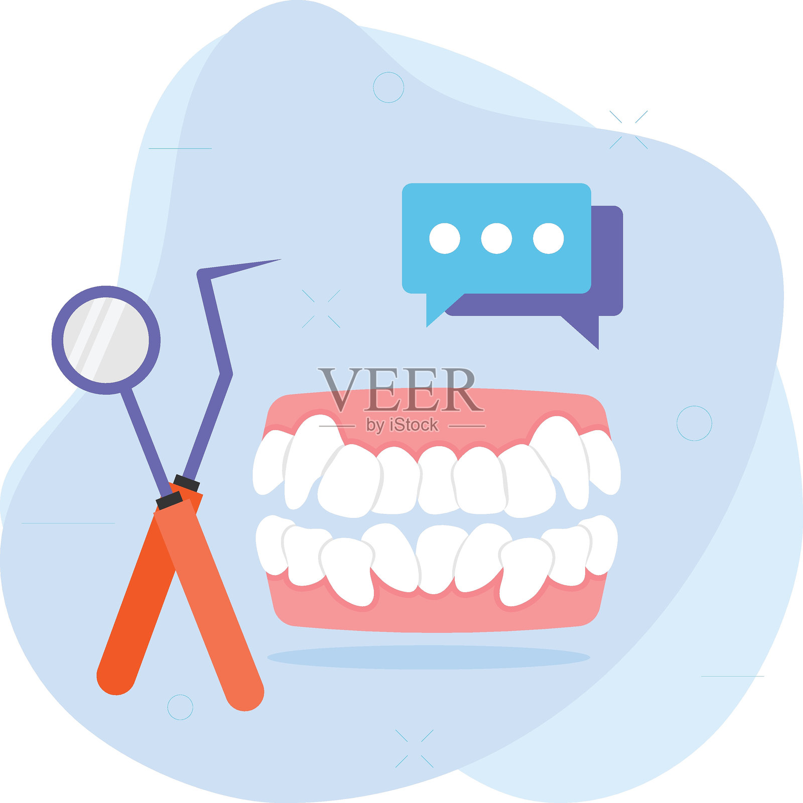 拥挤或错位的牙齿与牙科挖掘器概念,牙齿拥挤或错合伴随口腔镜的矢量设计,牙科符号,医疗标志,牙科器械插图插画图片素材