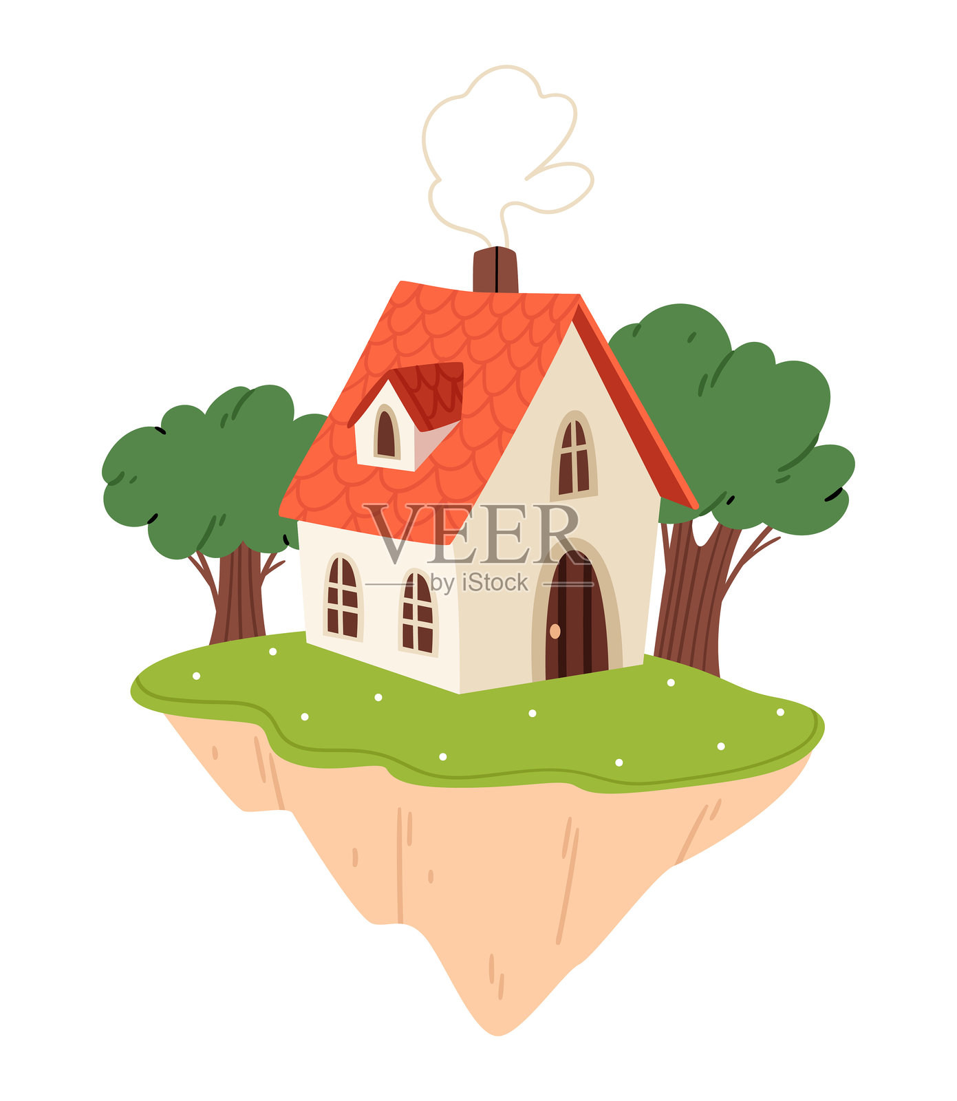 一座可爱的房子矗立在云海中央的小岛上。私人岛屿。插画图片素材