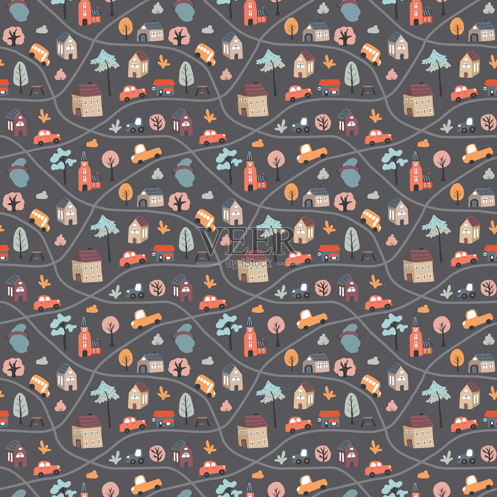 可爱的城市地图无缝图案,卡通小镇风景背景,矢量插图。插画图片素材