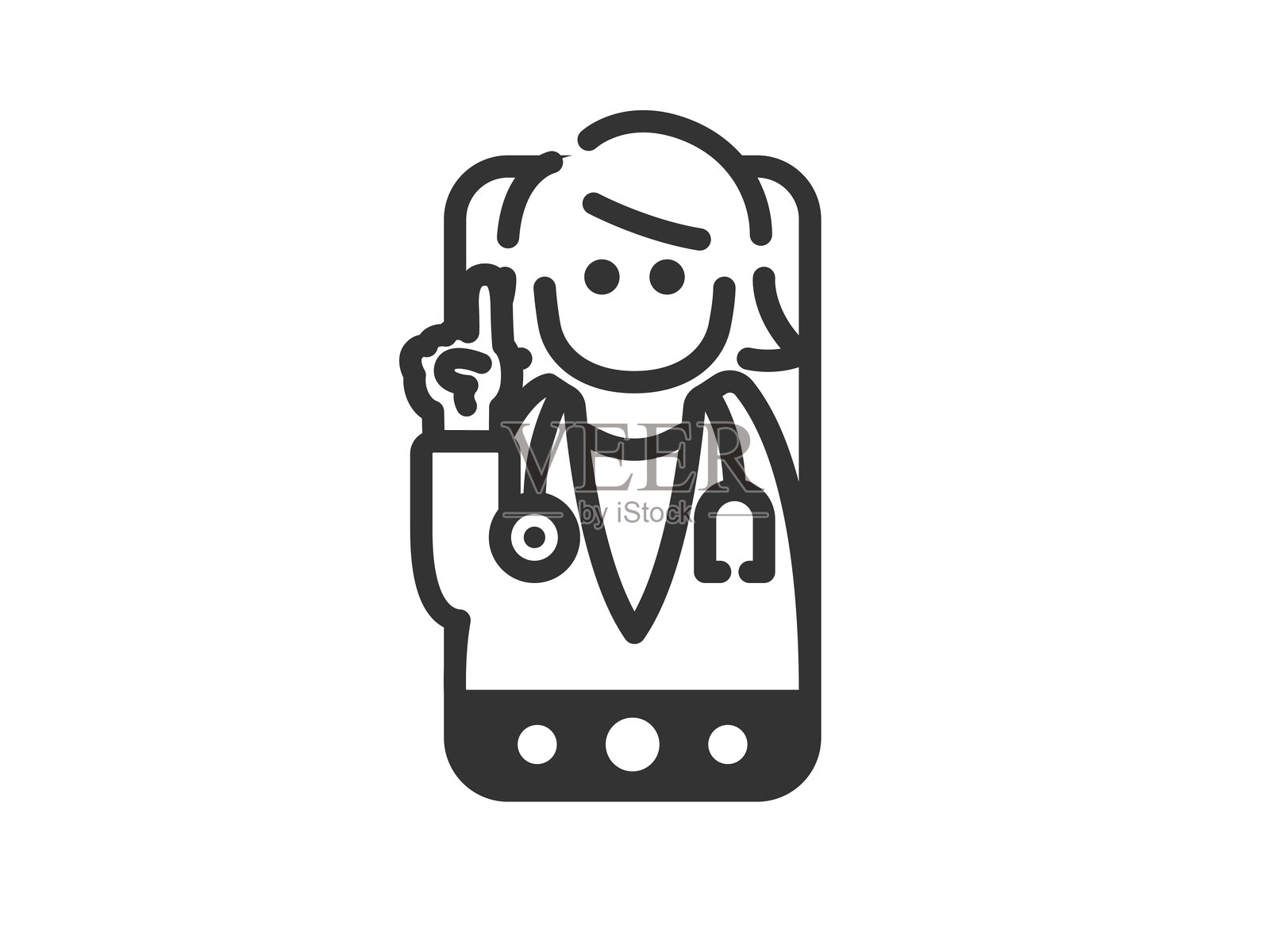 女性医生在智能手机上进行在线医疗治疗时进行解释的图标插图(线条画)。插画图片素材