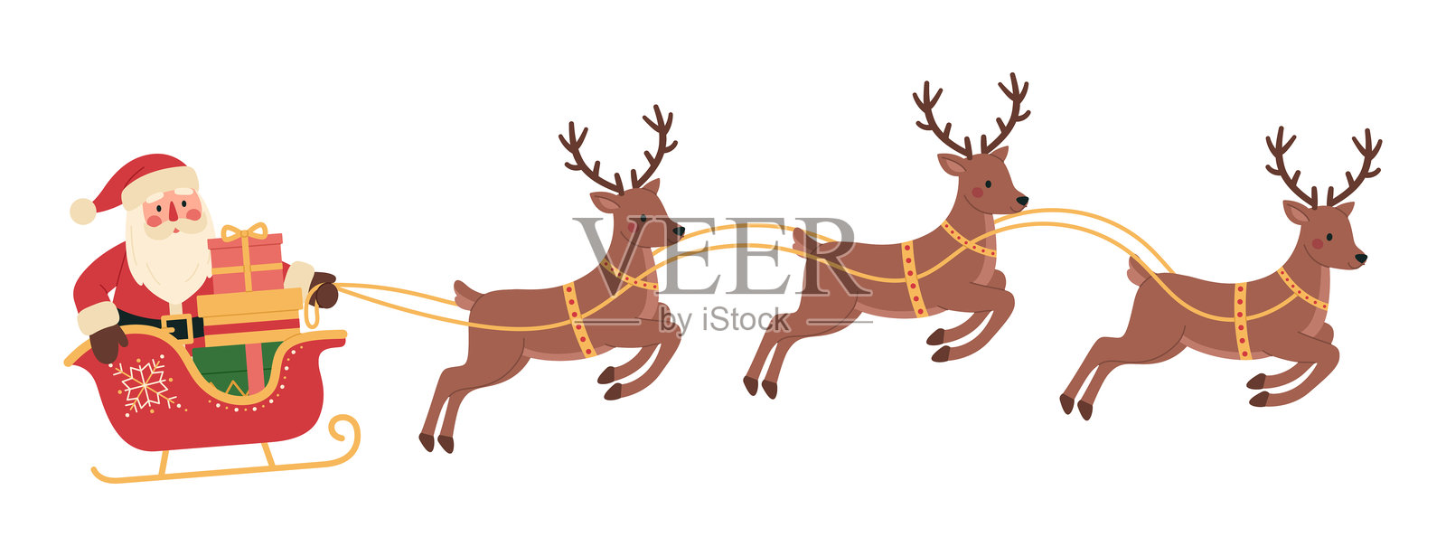 圣诞老人坐在红色雪橇上,旁边有五颜六色的礼物盒,骑着驯鹿。圣诞角色与雪橇、礼物和驯鹿。圣诞节和新年庆祝活动。矢量平面插图,背景为白色。插画图片素材